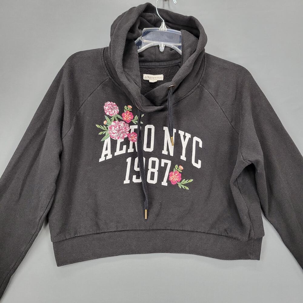 Aeropostale Black Crop Hoodie Sweatshirt Women M Long Sleeve AERO Embroidery Top